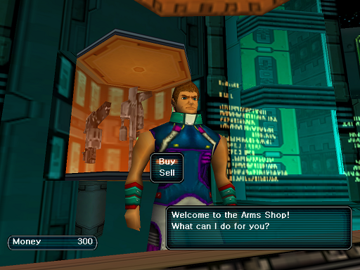 Phantasy Star Online - Shops - A HUcast speaks to the Arms shop owner