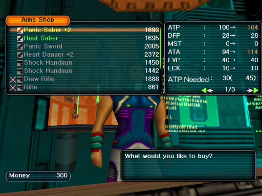 Phantasy Star Online - Shops - A HUcast browses the Arms shop's wares