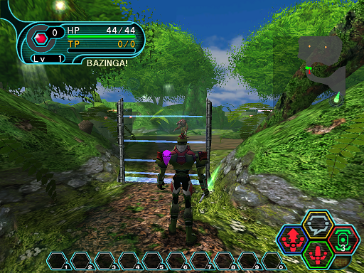 Phantasy Star Online - Forest - A HUcast standing in front of a barrier.