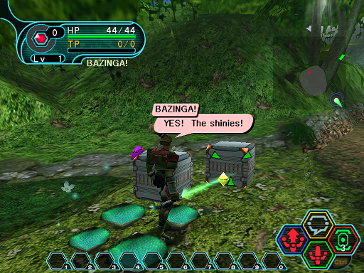 Phantasy Star Online - Ephinea - A HUcast discovers meseta inside of a recently destroyed box.