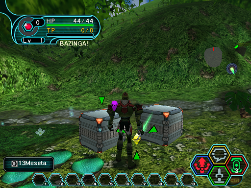 Phantasy Star Online - Ephinea - A HUcast prepares to pick up the discovered meseta.