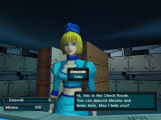 Phantasy Star Online - Check Room - A HUcast speaks to the teller at the Check Room