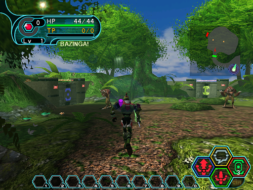 Phantasy Star Online - Forest - A HUcast has been spotted by a Booma.