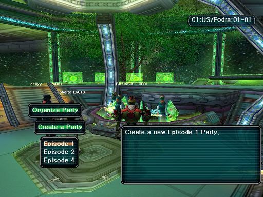 Phantasy Star Online - Lobby - A HUcast deciding which episode of the game he will play.