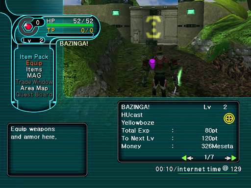 Phantasy Star Online - Forest - A HUcast accesses the Equip menu