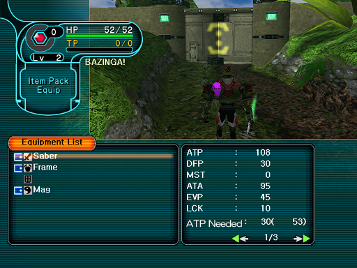 Phantasy Star Online - Forest - A HUcast selects his weapon slot in the Equip menu