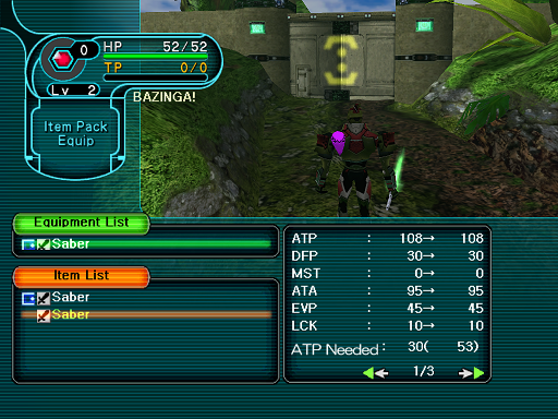 Phantasy Star Online - Forest - A HUcast compares similar weapons.