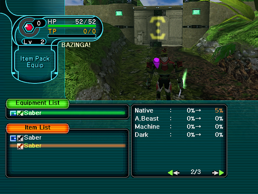 Phantasy Star Online - Forest - A HUcast discovers photon attributes on weapons.