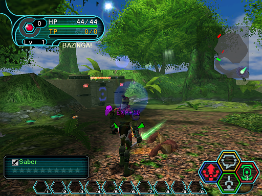 Phantasy Star Online - Forest - A HUcast standing on top of an item drop.