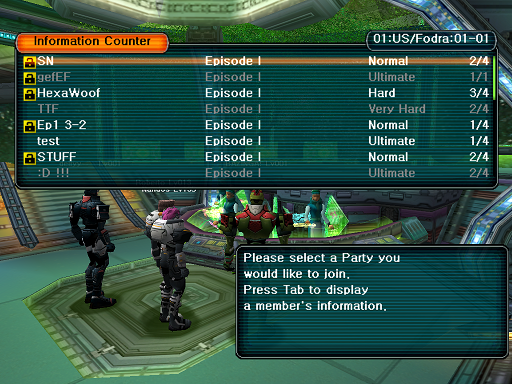 Phantasy Star Online - Lobby - A HUcast browses the game list.