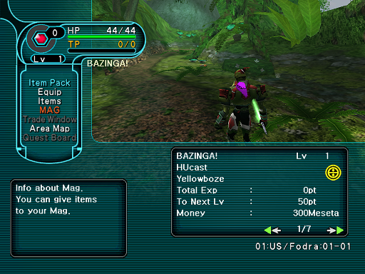 Phantasy Star Online - Forest - A HUcast opens his Item Pack.
