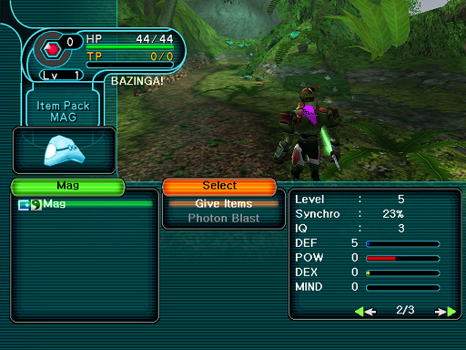 Phantasy Star Online - Forest - A HUcast feeds his Mag and notices the change of stats on his Mag.