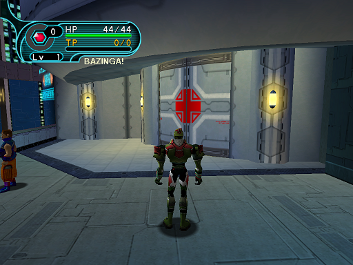 Phantasy Star Online - Pioneer 2 - A HUcast stands in front of the medical center.