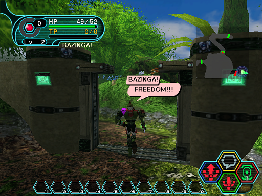 Phantasy Star Online - Forest - A HUcast rejoicing in his new found freedom.