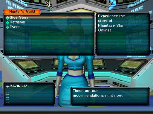 Phantasy Star Online - Hunter's Guild - A HUcast is deciding on the category of quest to take