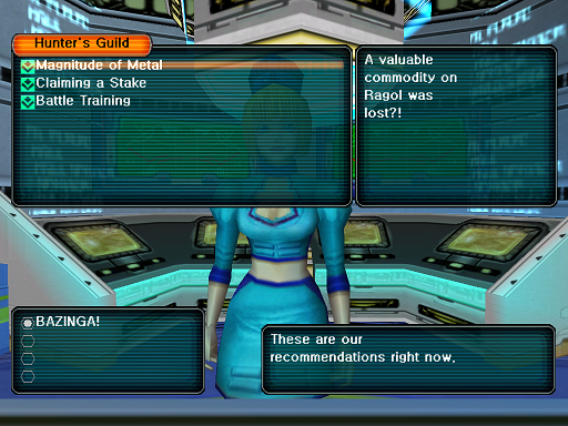 Phantasy Star Online - Hunter's Guild - A HUcast is browsing through the list of quests from his selected category