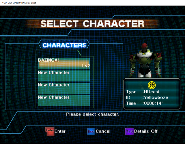 Phantasy Star Online - Ephinea - Selecting a character.