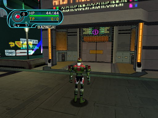 Phantasy Star Online - Pioneer 2 - A HUcast contemplates shopping at Pioneer 2's mini-mall