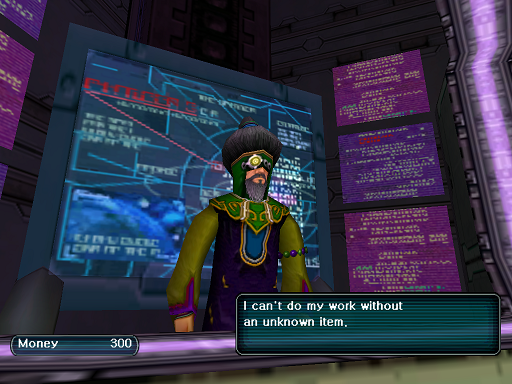 Phantasy Star Online - Shops - A HUcast is told by the Tekker to come back another time