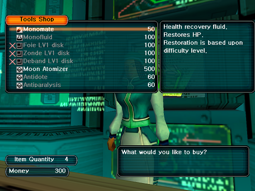 Phantasy Star Online - Shops - A HUcast browses the Tool shop's wares